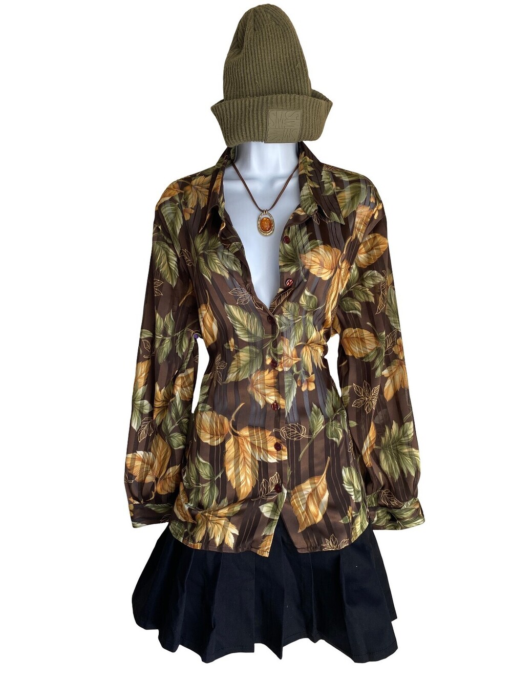 VTG BonWorth Women's XL Petite Brown Leaf Print Button Up Tunic Blouse Boho Whim